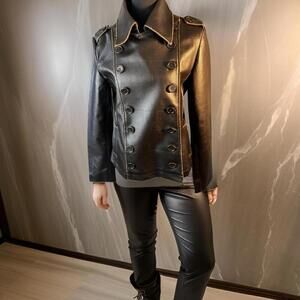 Brown Pleather Double-Breasted Retro cropped jacket​​